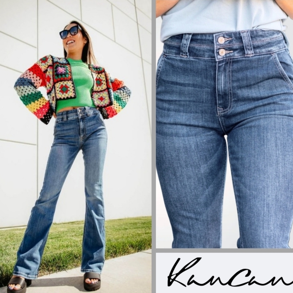 Kancan Matilda Womens Size 13/30 High Rise Flared Bootcut Blue Jeans Two Buttons
